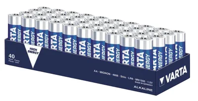 A display box filled with Varta AA batteries.