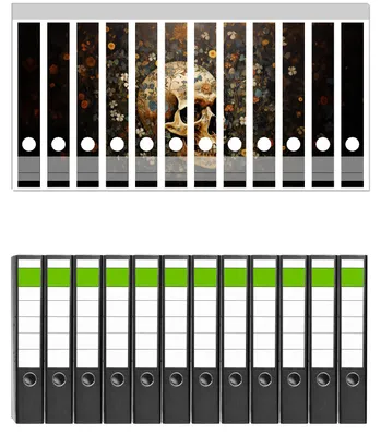 Produktbild von Wallario 12 Stück schmale Ordner inkl. Klebeetiketten mit Motive Vergänglichkeit im Blütenmeer - Set mit Rückenschildern / Ordnerrücken Stickern