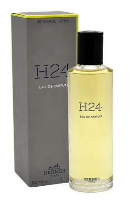 A bottle of Hermès H24 Eau de Parfum and its packaging are displayed against a white background.