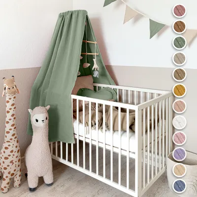 Produktbild von Babybett Himmel Eukalyptus mit Goldapplikation, mit Himmelstange - Musselin