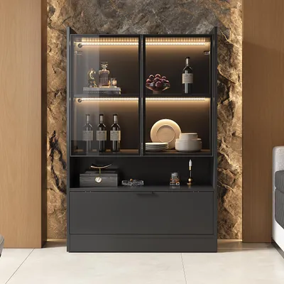 Produktbild von LED-Glasvitrine für das Wohnzimmer, 80x35x120cm, mattschwarze Standvitrine mit Glastüren und unterer Klapptür