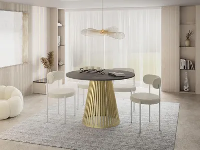 Produktbild von Esstisch Rund Ausziehbar mit Lamellen im Loft-Stil – 120 bis 200 cm – Tisch mit Goldenen Metallbeinen, Platzsparend für Wohnzimmer oder Esszimmer – Beton-Optik Dunkelgrau
