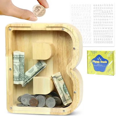 Produktbild von Personalisierte Spardose aus Holz mit dem Alphabet A-Z, kreative große Spardose als Geschenk für Geburtstage, Weihnachten und Thanksgiving (B)