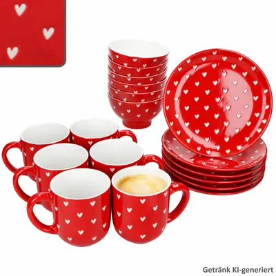Obrázek produktu pro Love 18dílná snídaňová sada – porcelánové talíře, hrnky, misky, srdce, červená