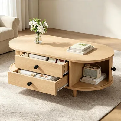 Produktbild von Couchtisch mit Rolltüren und 2 Schubladen Beistelltisch Wohnzimmertisch bis 50kg belastbar 100×50×36cm Natural