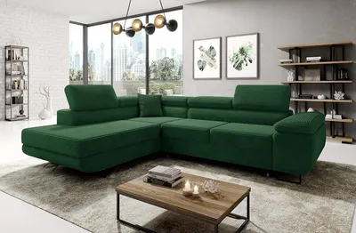 Produktbild von Easy4You Ecksofa Flaschengrün Astorp Kord L-Form – 277 cm - Schlafsofa mit Bettkasten und Schlaffunktion - Eckcouch mit Stauraum und Metallfüße – Links – Stoff Kord Poso 14