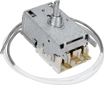 A close-up studio shot of a refrigerator thermostat with two white wires attached.