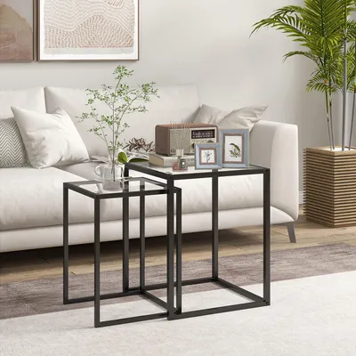 Obrázek produktu pro Sweiko, sada 2 kusů, odkládací stolek, noční stolek, konferenční stolek, stohovatelný, s ocelovými nohami, moderní design, černý, vhodný do obývacího pokoje
