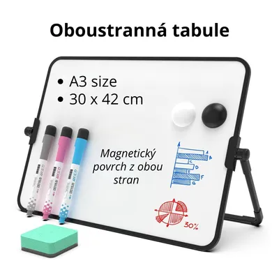 Obrázek produktu pro Oboustranná magnetická tabule A3 se stojanem – 360° otočná, suché stírání – Stolní tabule pro kancelář, školu, prezentace a domácnost