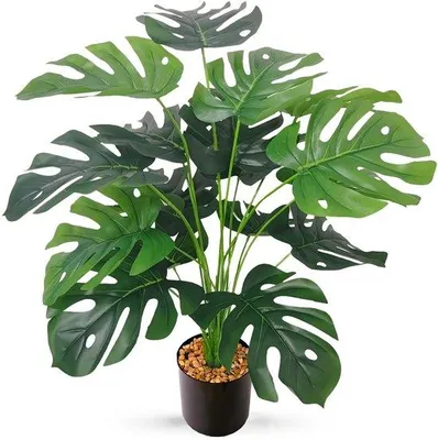 Obrázek produktu pro Umělá rostlina Monstera, velká, 75 cm, 18 větví, tropická, zelená, z umělého materiálu, do ložnice, kanceláře, na zahradu, na svatbu