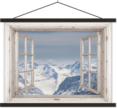 Produktbild von MuchoWow® Textilposter Aussicht - Berg - Holz 60x45 cm mit schwarzem Rahmen - Poster Schlafzimmer