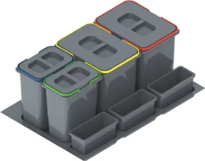 A set of gray recycling bins with colored lids arranged on a gray tray.