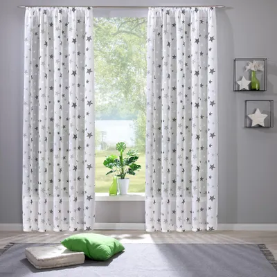 Produktbild von Heimtexland ® Vorhang Leinen-Optik natur Sterne grau Kinderzimmer Deko Gardine bedruckt halbtransparent durchscheinend  Typ897 Kräuselband Bandschal HxB 245x135 cm - 1 Stück