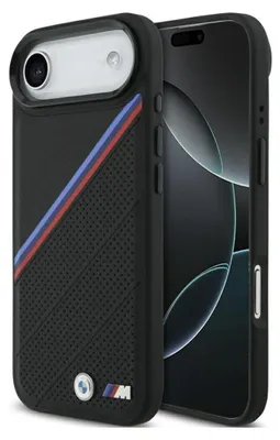 A black iPhone case with BMW M stripes and logos is shown next to an iPhone.