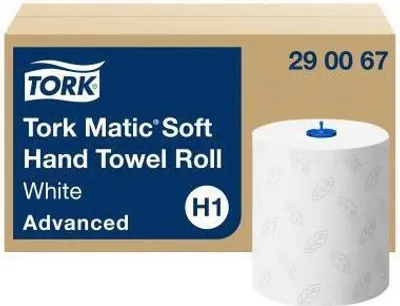 A product shot of a Tork Matic Soft Hand Towel Roll and its packaging.