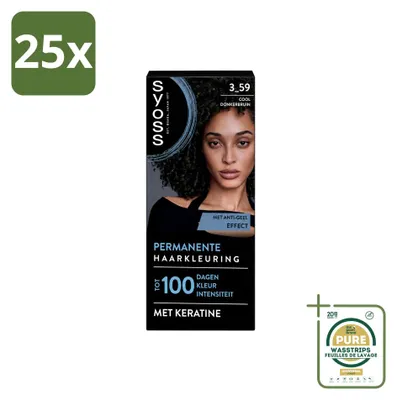 Imagen del producto de 25 tintes para el cabello SYOSS Coloración 3-59, color marrón oscuro frío, con cobertura profesional de canas - Paquete de suministro - 25 unidades
