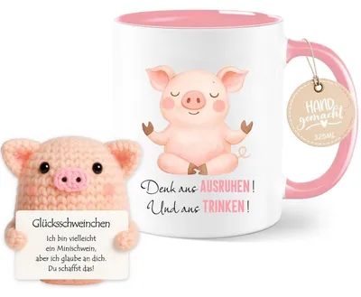 Produktbild von Tasse mit Glücksschweinchen Strick-Deko 325ml Einschulung Geschenk Junge Mädchen