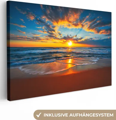 Obrázek produktu pro OneMillionCanvasses® - Obraz na plátně - Moře - Západ slunce - Pláž - Mraky - Oranžová, nástěnná malba, nástěnné dekorace obrazy obývací pokoj, 120x80cm