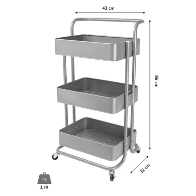 Produktbild von Echtwerk mobiler Servierwagen für Küche/ Bad/ Büro mit 3 Ebenen, Küchenrollwagen mit Schubladen, Werkzeugwagen, Allzweckwagen mit Schiebegriff, Silber-Edition, 43 x 32 x 86 cm
