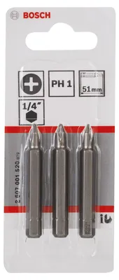 Obrázok produktu pre Bosch 2 607 001 520, 3 kusov, Phillips, PH 1, Oceľ, 51 mm, 25,4 / 4 mm (1 / 4")
