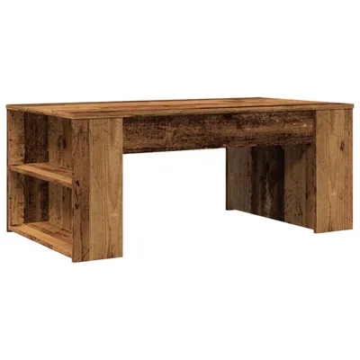 A wooden coffee table with shelves on the side, shown against a white background.