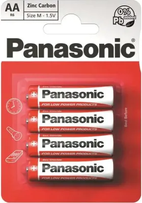 A retail package of four Panasonic AA Zinc Carbon batteries.