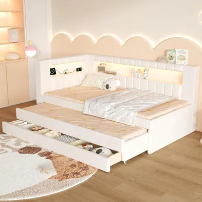 Produktbild von Gepolstertes Tagesbett mit Ausziehbett, 3 Schubladen, USB-Ladefunktion & LED-Licht, Leinen in Weiß, 90x200cm