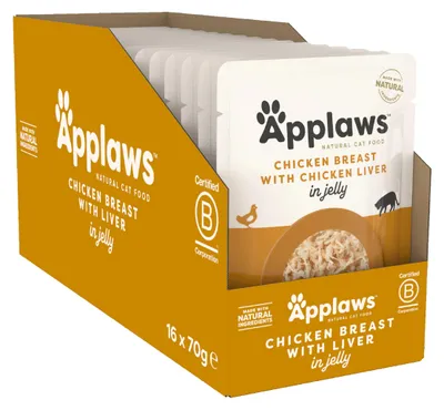 Imagen del producto de APPLAWS, alimento húmedo para gatos con hígado y pollo en gelatina, 16 unidades de 70 gramos cada una