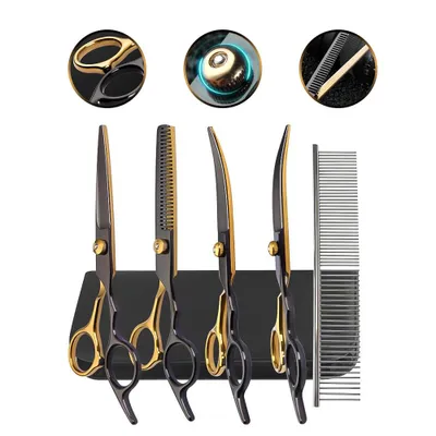 Produktbild von Scheren set Hundeschere mit Rundspitze Kamm Fellpflege-Set mit etui, Effilierschere, Fellschere, für Hunde Katzen Haustier zubehör Edelstahl