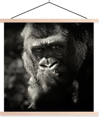 Produktbild von MuchoWow® Textilposter Gorilla auf schwarzem Hintergrund in Schwarz und Weiß 60x60 cm mit holzfarbenen Rahmen - Wanddekoration