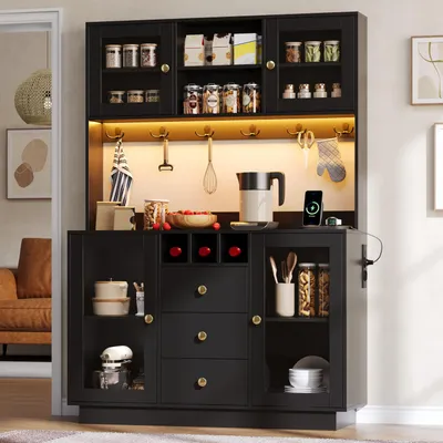 Produktbild von Flieks Küchenschrank mit LED-Leuchten, Steckdosen, Vorratsschrank mit 3 Schubladen und 4 Aufbewahrungsschränken, Sideboard 120x40x170cm, Schwarz