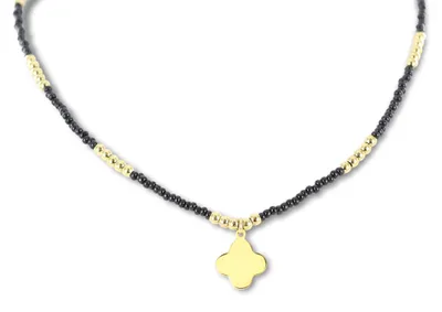 Produktbild von CO88 Collection 8CN-26281 Stahlkette mit Perlen – Damen – Goldfarben – 3 mm – Schwarz – 2,5 mm – Kleeblatt – 12 mm – Länge 38 + 7 cm