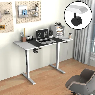 Obrázok produktu pre Nastaviteľný písací stôl – Elektricky nastaviteľná výška s kolieskami – Biely, 120 x 60 cm