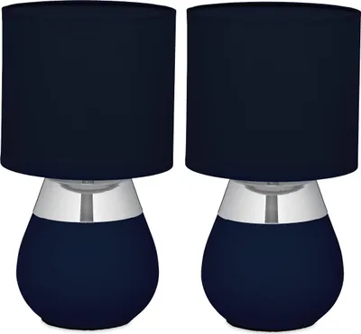 Obrázek produktu pro Stolní lampa Relaxdays, sada 2 ks, kovová základna, látkový stínidlo, E14, V x H: 32 x 18 cm, noční lampa s kabelem, modrá/stříbrná