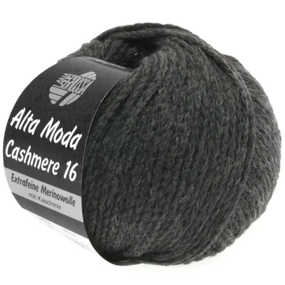 A ball of dark gray yarn with a label wrapped around it.