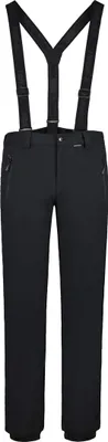 A pair of black ski pants with suspenders, shown front-on against a white background.