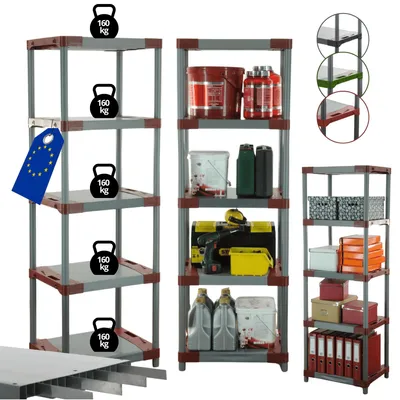 Produktbild von MODO24 Kunststoffregal, 5 Ablagen, 160kg/Boden, Schwerlast, Steckregal, Lagerregal, Plastikregal, Werkstatt, 180x80x46?cm, Rot, TYTAN