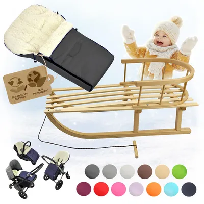 Produktbild von BAMBINIWELT HOLZSCHLITTEN mit Rückenlehne (90cm) + WINTERFUßSACK (90cm) Kinderwagen WOLLE dunkelgrau