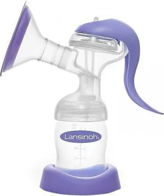 A manual breast pump with a bottle attached, shown against a white background.