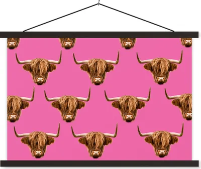 Produktbild von MuchoWow® Textilposter Schottisches Hochlandrind - Muster - Braun 90x60 cm mit schwarzem Rahmen - Aufhängungssatz