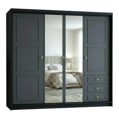 Produktbild von Geräumiger vier­türiger Kleiderschrank OSLO mit Schubladen und Metallgriffen – modernes Design Farbe: Schwarz | Graphit