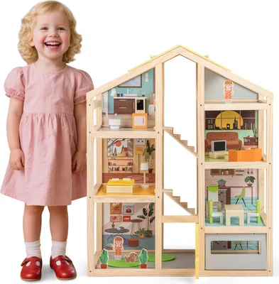 Produktbild von COSTWAY4 Etagen Puppenhaus Holz, Traumvilla mit 24 Zubehört, Möbelstücken, Figuren, Garage&öffnbarer Tür, Kinder Dollhouse DIY Traumhaus für Kinder 3+
