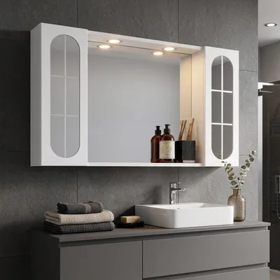 Immagine prodotto di Specchio bagno contenitore 92cm 2 pensili con anta specchio e luce led