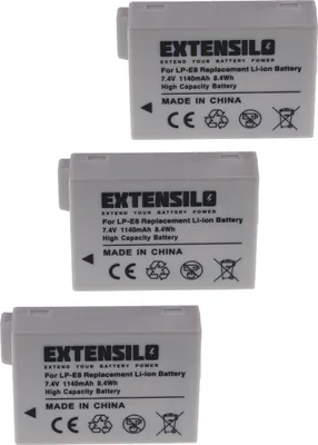 Produktbild von EXTENSILO 3x Akku kompatibel mit Canon EOS Rebel T3i, Rebel T4i, Rebel T5i Kamera (1140 mAh, 7,4 V, Li-Ion)