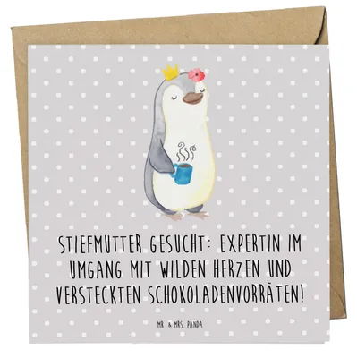 Produktbild von Mr. & Mrs. Panda Klappkarte Stiefmutter Expertin - Grau Pastell - Geschenk, einzigartige Designs, anlasskarte, Grußkarte, faltkarte, Geduld, Jubiläen, Stiefkind, Weisheit