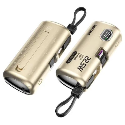 Two gold-colored mini power banks are displayed against a white background.