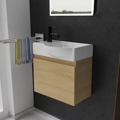 Produktbild von Alpenberger Waschtischunterschrank - Rechts | Badmöbel Set | Keramik Waschplatz mit Badunterschrank | Vormontiert Badezimmerschrank | Sanikeramik Waschbecken | Soft-Close Funktion