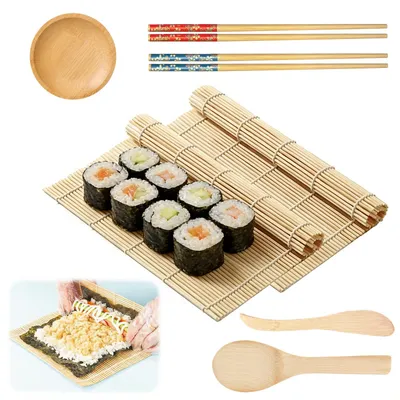 Sushi-Set 7-teilig, Bambusmatten, Reis-Löffel, Sojasauce-Schale
