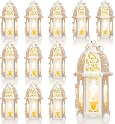 Imagen del producto de 12 faroles de estilo marroquí, vintage, decorativos, de metal, con detalles marroquíes y cristal transparente. Faroles blancos para bodas, estilo rústico, para exteriores, portavelas colgantes
