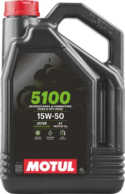 A black plastic jug of Motul 5100 4T Ester 15W50 4L motor oil.